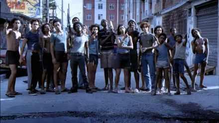 HD desktop wallpaper featuring a group of characters from the film City of God, standing together on a street.