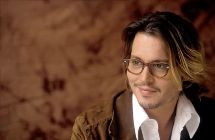 HD PC desktop wallpaper featuring celebrity Johnny Depp with a thoughtful expression, wearing glasses and a brown jacket against a warm brown background.