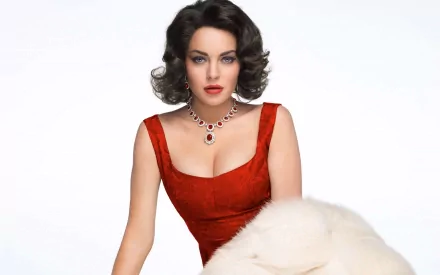 HD desktop wallpaper featuring celebrity Lindsay Lohan in a glamorous red dress and vintage-style jewelry against a white background.