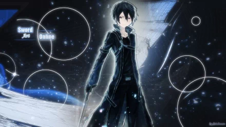 A dynamic HD wallpaper featuring Kirito from Sword Art Online, showcasing his distinctive black outfit and sword against a captivating, stylized background.