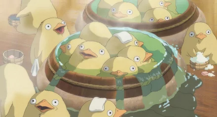 HD desktop wallpaper featuring adorable anime birds from Studio Ghibli’s Spirited Away, depicted soaking in wooden barrels in a charming, whimsical style.