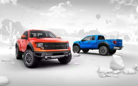 An orange Ford Raptor and a blue Ford Raptor are prominently featured against a sleek, minimalistic white background, showcasing their rugged design in a striking HD wallpaper.