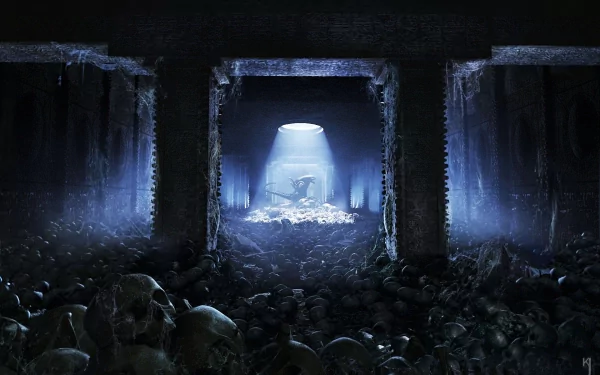 A dark and atmospheric HD desktop wallpaper depicting an eerie scene from the Aliens vs. Predator video game, featuring a bright light illuminating a chamber filled with skulls.