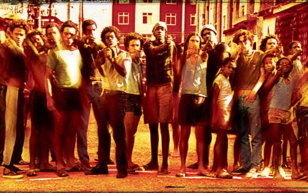 HD wallpaper depicting a group of people from the film City of God, standing together with a vibrant urban backdrop.