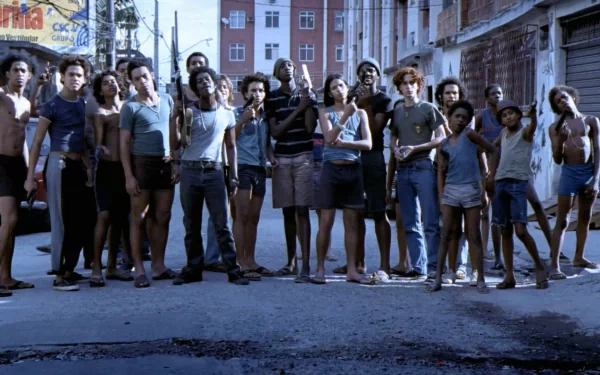 HD desktop wallpaper featuring a group of characters from the film City of God, standing together on a street.