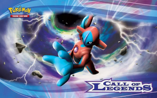 HD wallpaper featuring Deoxys from Pokémon, surrounded by a dynamic cosmic background and lightning effects, showcasing the energy of the Pokémon Trading Card Game.
