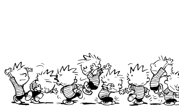 HD PC desktop wallpaper featuring a black-and-white Calvin & Hobbes comic strip with Calvin joyfully skipping and dancing across the screen.