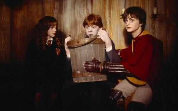 HD wallpaper featuring three young wizards from Harry Potter and the Chamber of Secrets analyzing a mysterious object.