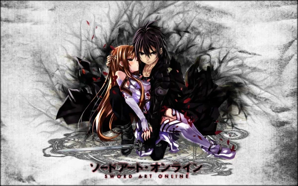 HD desktop wallpaper featuring Asuna Yuuki and Kirito from the anime Sword Art Online, with a dark, intricate background. The series title Sword Art Online is displayed at the bottom.