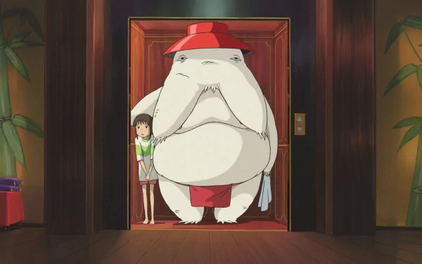 HD anime desktop wallpaper from Spirited Away featuring Chihiro standing beside the large white Radish Spirit inside a wooden elevator.