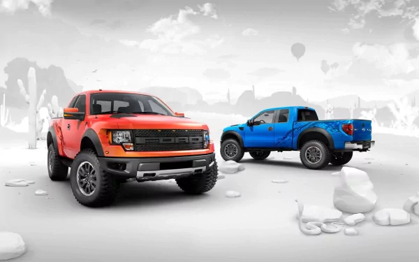 An orange Ford Raptor and a blue Ford Raptor are prominently featured against a sleek, minimalistic white background, showcasing their rugged design in a striking HD wallpaper.