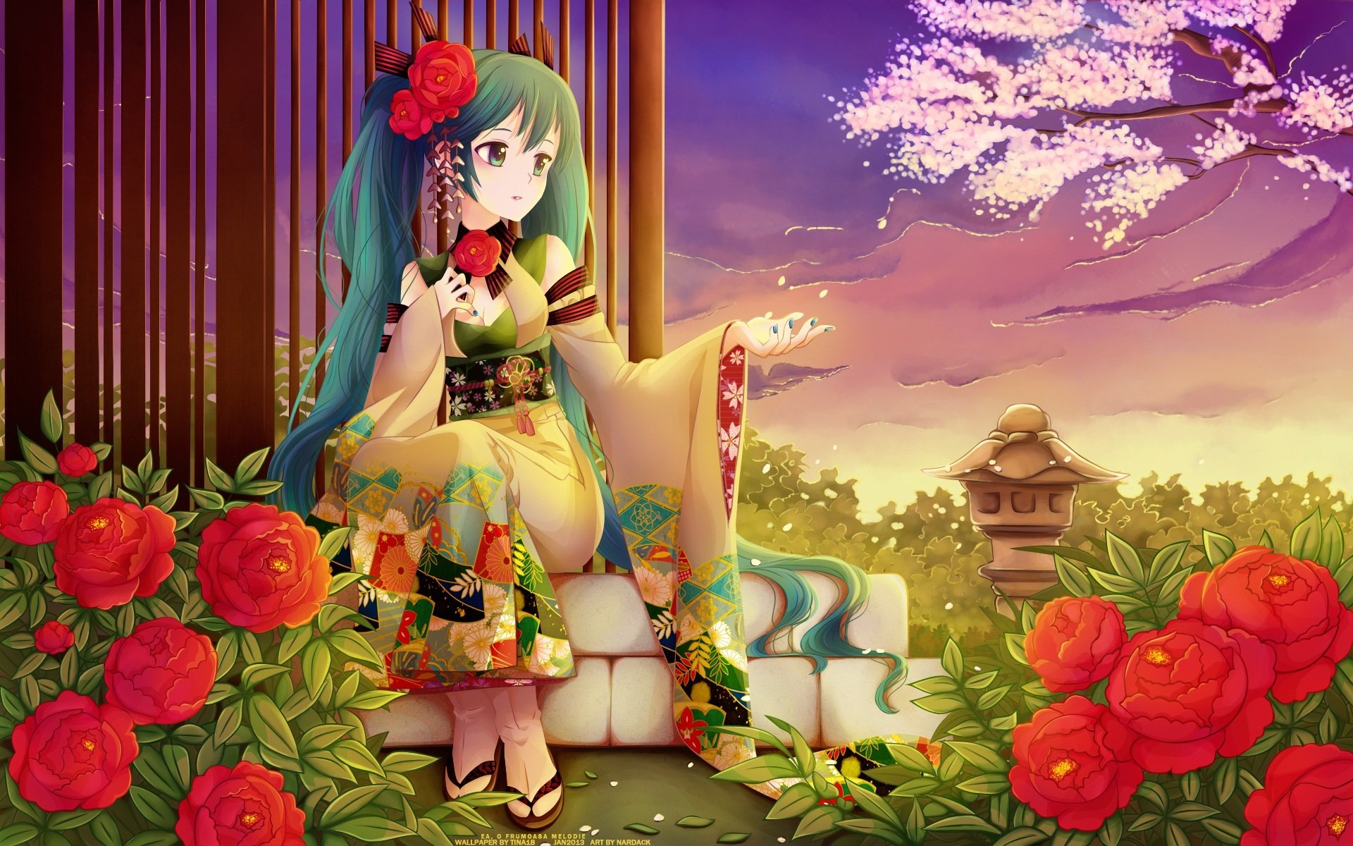 A vibrant HD wallpaper featuring Hatsune Miku in an elegant kimono, surrounded by lush flowers and a scenic sunset, capturing the essence of anime and Vocaloid artistry.