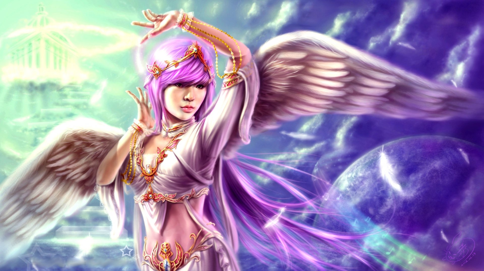 A fantastical angel with flowing purple hair and elegant wings stands gracefully against a vibrant, ethereal backdrop, creating a captivating HD desktop wallpaper.