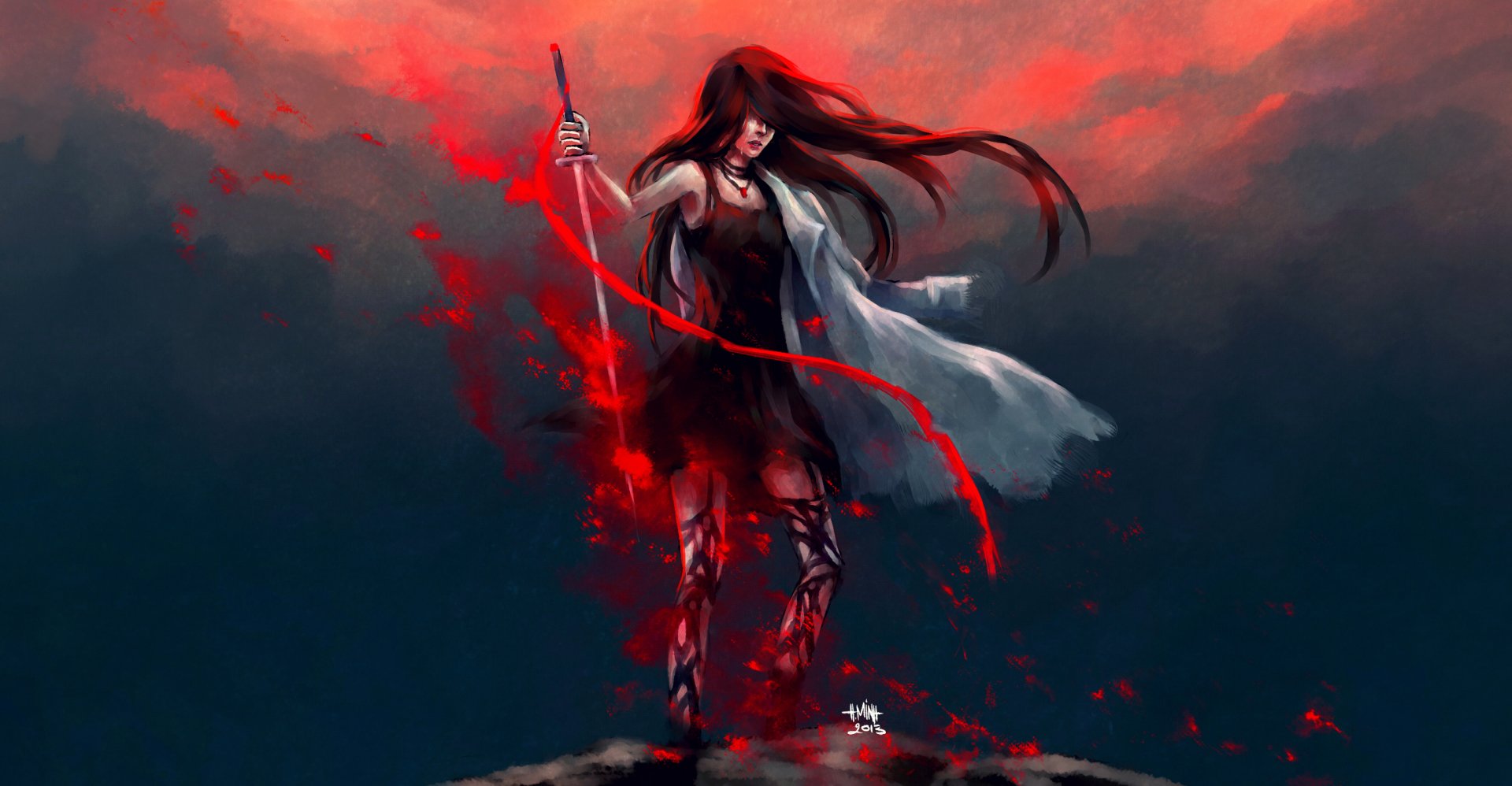 HD fantasy wallpaper of a women warrior standing on a dark misty terrain, holding a red staff with a fierce and intense look, background clouds tinted with hues of red.
