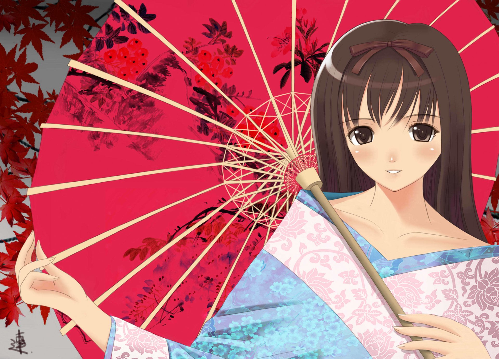 HD anime desktop wallpaper featuring a woman in traditional attire holding a red parasol with autumn leaves in the background.