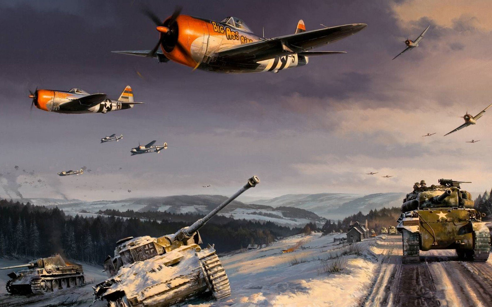 HD desktop wallpaper showcasing a dramatic military scene with aircraft flying overhead and tanks advancing across a snowy battlefield under a dusky sky.