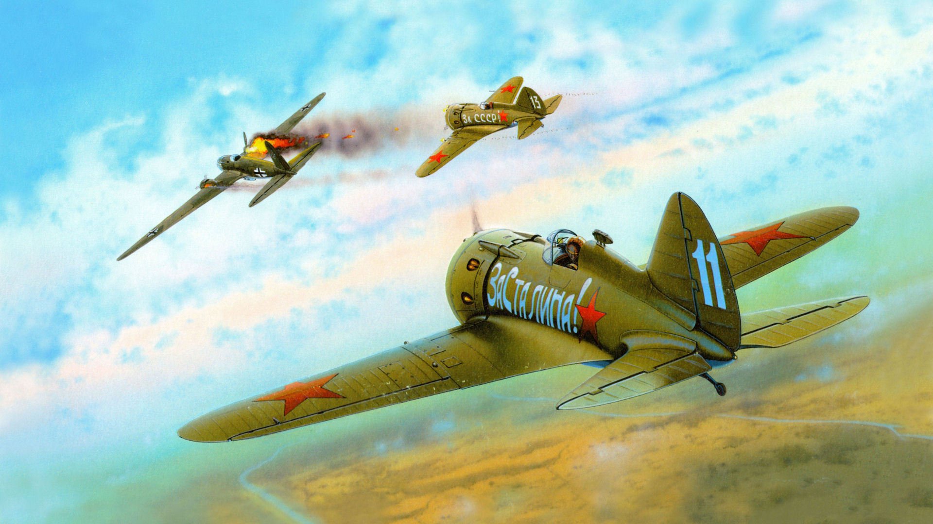 HD PC desktop wallpaper featuring military aircraft in flight against a partly cloudy sky with a desert landscape below.