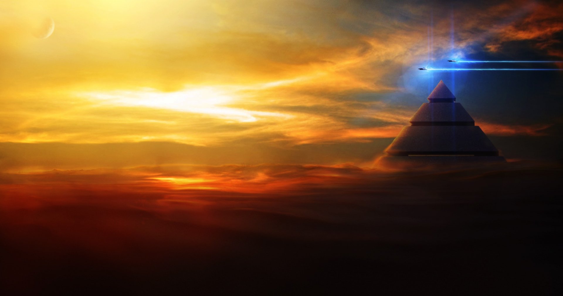 A stunning HD desktop wallpaper featuring a sci-fi spaceship and a mysterious pyramid silhouetted against a vibrant sunset sky, evoking a sense of exploration and otherworldliness.
