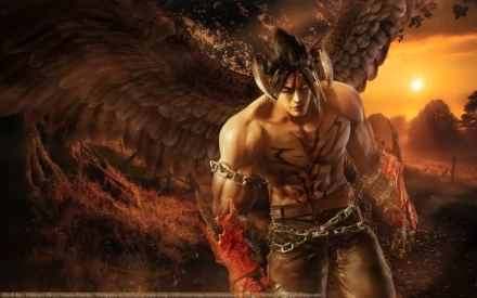 A powerful character from the video game Tekken stands with wings and chains, set against a dramatic sunset landscape in this HD desktop wallpaper.