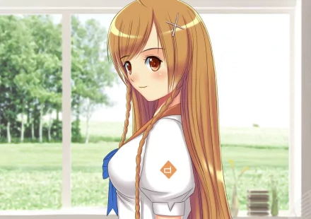 Anime HD PC desktop wallpaper featuring Mirai Suenaga with long light brown hair, wearing a white and blue outfit, standing indoors by large windows overlooking a green landscape.