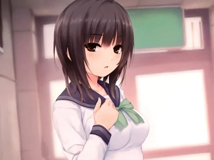 Anime-inspired HD wallpaper featuring a woman in a school uniform, set against a softly blurred classroom background. Vibrant colors enhance the appealing aesthetic.