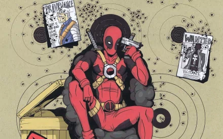 A vibrant HD wallpaper featuring Deadpool, the Merc with a Mouth, playfully posing with a gun amidst comic book elements and a chaotic background of bullet holes and wanted posters.