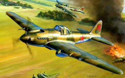 An Ilyushin Il-2 aircraft soars over a vibrant battlefield, showcasing military action from World War II, captured in stunning HD for a desktop wallpaper background.