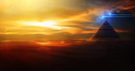 A stunning HD desktop wallpaper featuring a sci-fi spaceship and a mysterious pyramid silhouetted against a vibrant sunset sky, evoking a sense of exploration and otherworldliness.