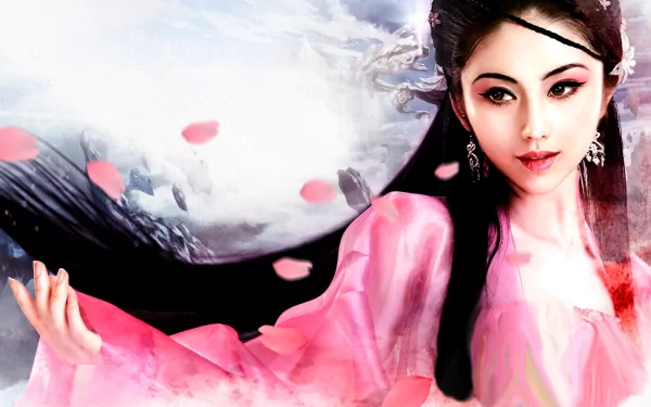 Fantasy-inspired oriental woman in flowing pink attire with delicate petals, designed as an HD PC desktop wallpaper and background.