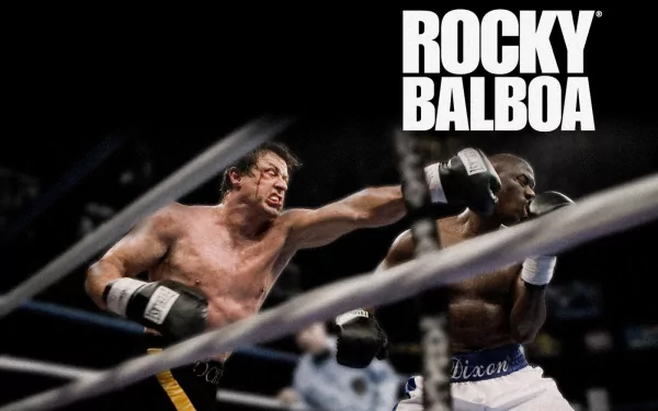 HD PC desktop wallpaper featuring an intense boxing scene from the movie Rocky Balboa with the title prominently displayed.