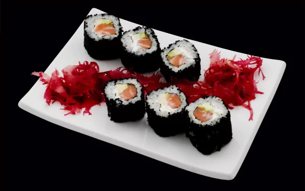 Close-up of six sushi rolls with salmon and shredded red garnish on a white plate, captured in sharp detail for a 4K Ultra HD PC desktop wallpaper.