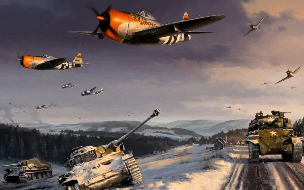 HD desktop wallpaper showcasing a dramatic military scene with aircraft flying overhead and tanks advancing across a snowy battlefield under a dusky sky.