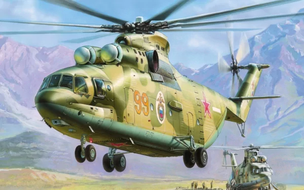 HD PC desktop wallpaper/background showing a military Mil Mi-26 heavy transport helicopter in green camouflage flying over mountains, with a second Mi-26 trailing behind.