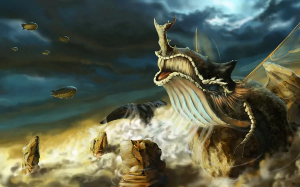Rift video game 2K Quad HD PC desktop wallpaper: colossal whale-like skybeast roaring above rocky spires as drifting airships pass beneath stormy clouds.