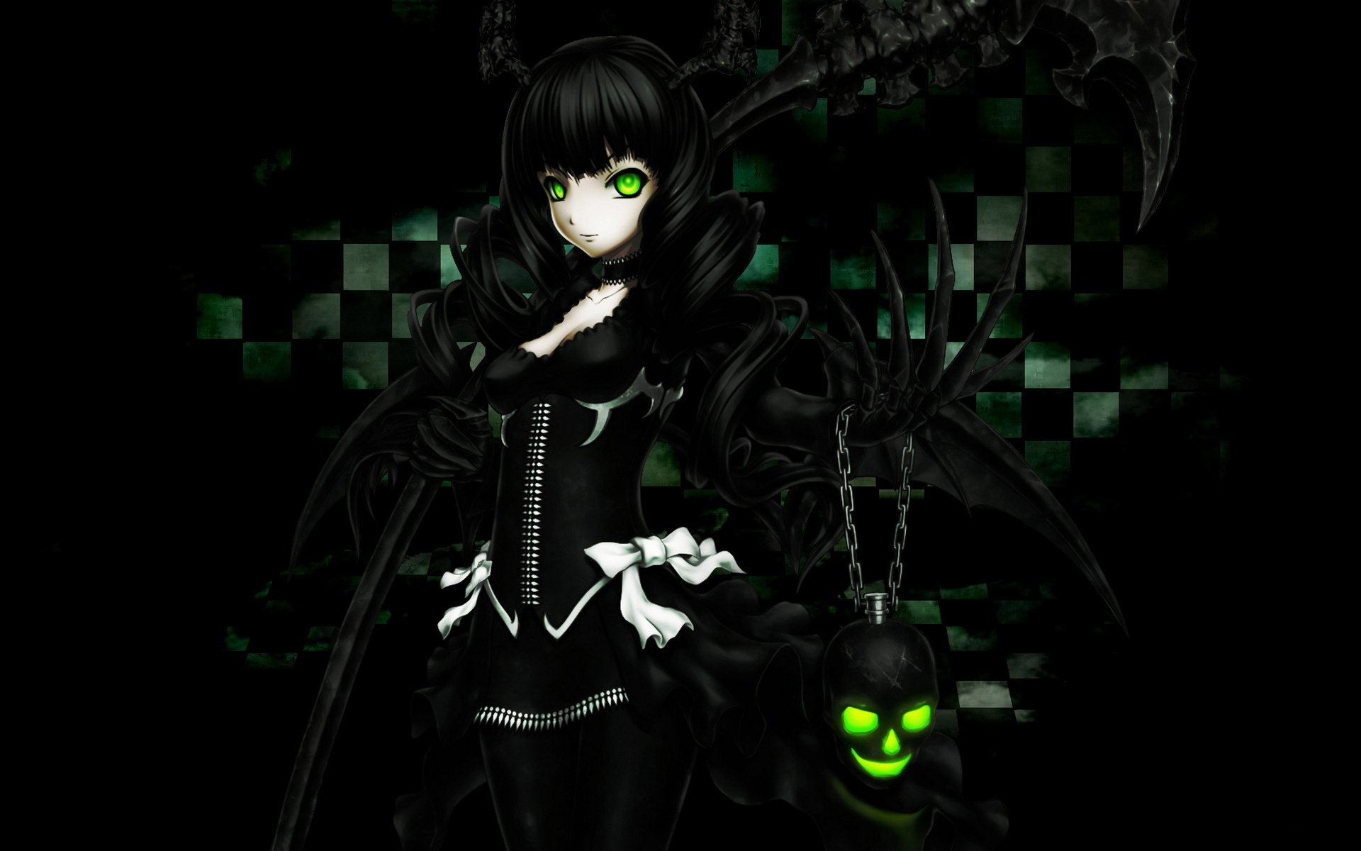 A striking HD wallpaper of Dead Master from Black Rock Shooter, featuring her dark outfit, vibrant green eyes, and ominous accessories against a checkered backdrop.