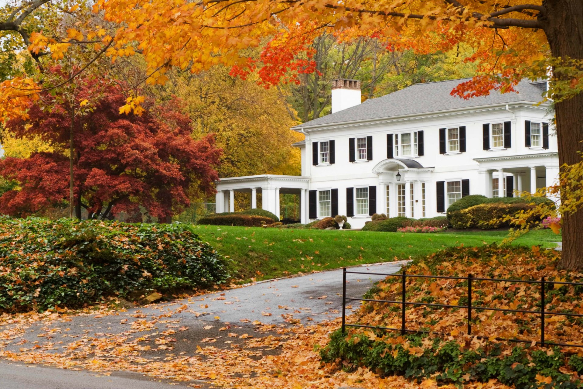 A picturesque autumn scene featuring a classic white house surrounded by vibrant fall foliage, including trees with colorful leaves and a neatly manicured lawn. Perfect HD desktop wallpaper.