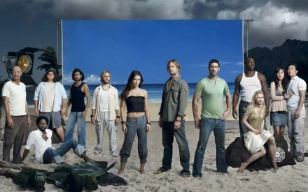 HD PC desktop wallpaper featuring the main cast of the TV show Lost standing on a beach with a dramatic cloudy sky in the background.