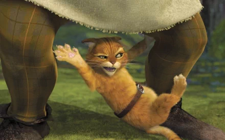 A HD desktop wallpaper featuring Puss in Boots from the movie, showing the orange cat with a fierce expression, gripping onto a cloth and peeking between a character's legs.