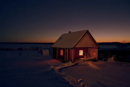 HD desktop wallpaper featuring a man-made cabin glowing warmly at dusk amidst a snowy landscape.