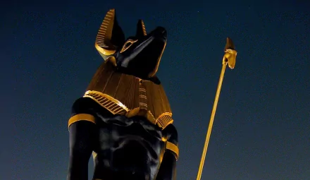 Artistic HD PC desktop wallpaper featuring a detailed Egyptian figure with a jackal head, adorned in traditional gold and black attire against a dark background.