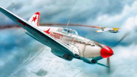 A dynamic HD desktop wallpaper featuring military aircraft in action, showcasing a vintage fighter soaring through dramatic clouds with impressive detail.