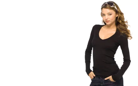 HD PC desktop wallpaper featuring celebrity Miranda Kerr in a black long-sleeve top with hands in pockets against a white background.
