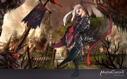 HD PC desktop wallpaper for the video game Magna Carta II (Magnacarta): Elga in red-black armor stands before a war-torn castle with tattered banners under a stormy sky.