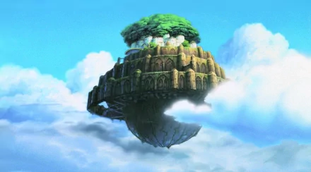HD PC desktop wallpaper: anime scene from Laputa: Castle in the Sky showing a moss-covered floating stone island with ruins and trees drifting above clouds under a bright blue sky.