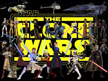 A dynamic HD desktop wallpaper featuring characters from Star Wars: The Clone Wars (2008), displaying iconic Jedi and Sith, set against a vibrant, action-packed background.