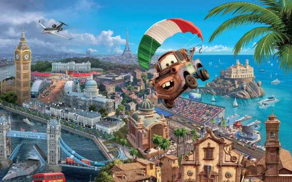 Mater from Cars parachuting over a vibrant international landscape, featuring iconic landmarks and scenic views from Cars 2. A captivating HD desktop wallpaper.