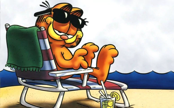 HD PC desktop wallpaper featuring the comic character Garfield relaxing on a beach chair with sunglasses, a drink, and a serene ocean background.