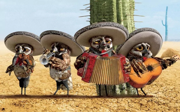 A vibrant HD wallpaper featuring the musical owls from the movie Rango, dressed in sombreros and playing instruments against a desert backdrop.