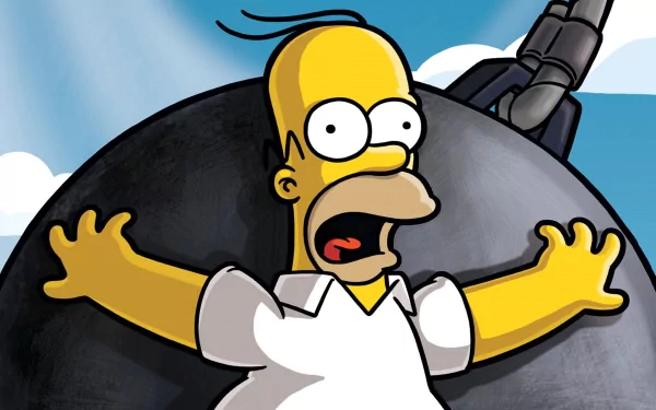 Homer Simpson from The Simpsons Movie is surprised in this HD PC desktop wallpaper, set against a blue sky with clouds and a large black object behind him.