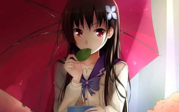 HD wallpaper of the anime Sankarea featuring a girl with long dark hair, holding a leaf, under a red umbrella.